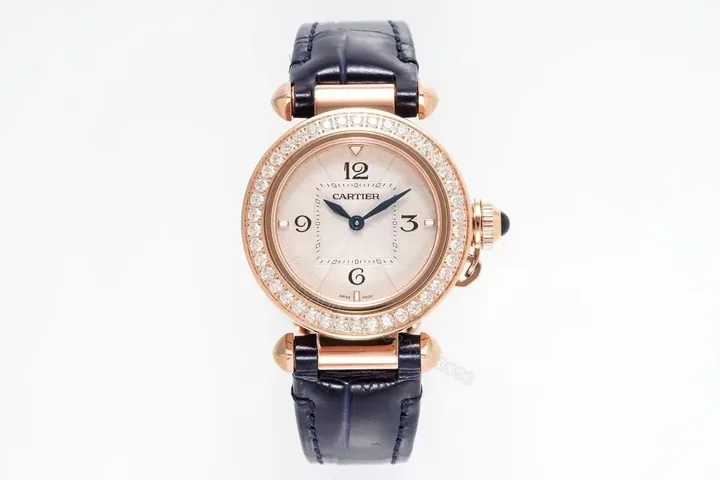 View 1 of GS Factory Cartier Pasha de Cartier Women’s Watch, 30mm Rose Gold Case with Diamond Bezel, Blue Leather Strap, Quick Change Feature