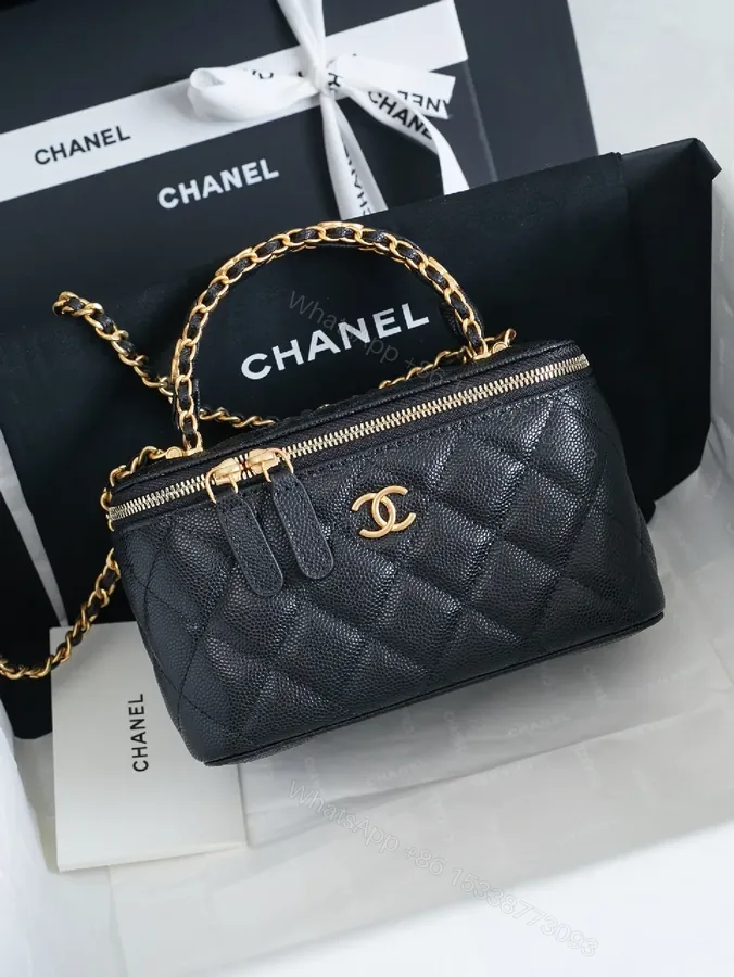 View 1 of Quilted Black Leather Mini Bag: Gold Chain, Iconic CC