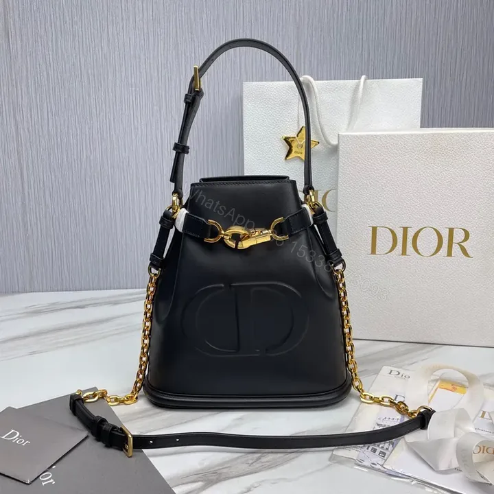 View 1 of Lux Black Leather Bucket Bag with Gold Hardware - Dior-Inspired Elevation