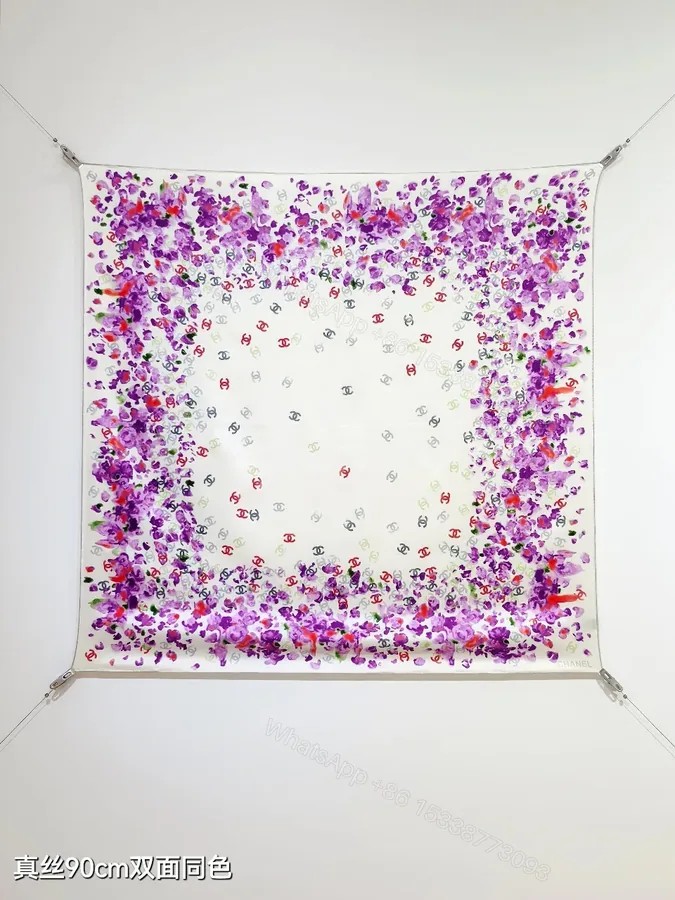View 1 of Purple Silk Scarf: Floral Frame, Subtle Logo Detailing, 90cm square