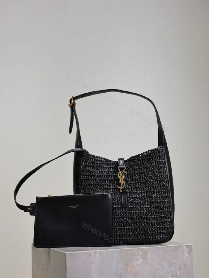 View 1 of Compact Woven Leather Hobo with Chain-Accent Black Leather Bag