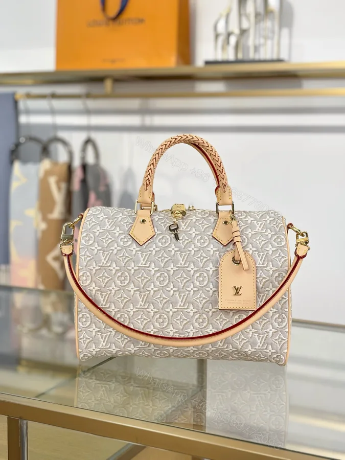 View 1 of LV A貨 米白老花Speedy手提包 編織手柄斜挎包