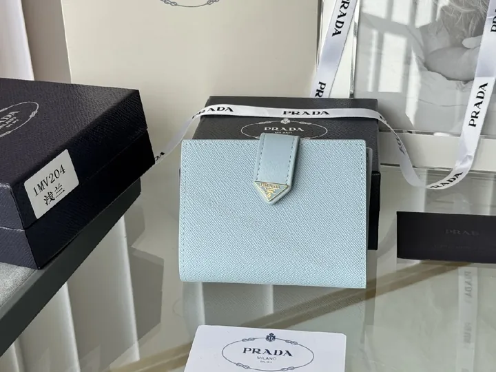 View 1 of Blue Saffiano-Like Bifold Wallet with Triangle Closure, Minimal Luxury