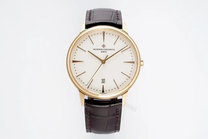 View 1 of GS Factory Vacheron Constantin Patrimony 85180 Series Watch – Gold Case, White Dial, Brown Leather Strap, Minimalist Style