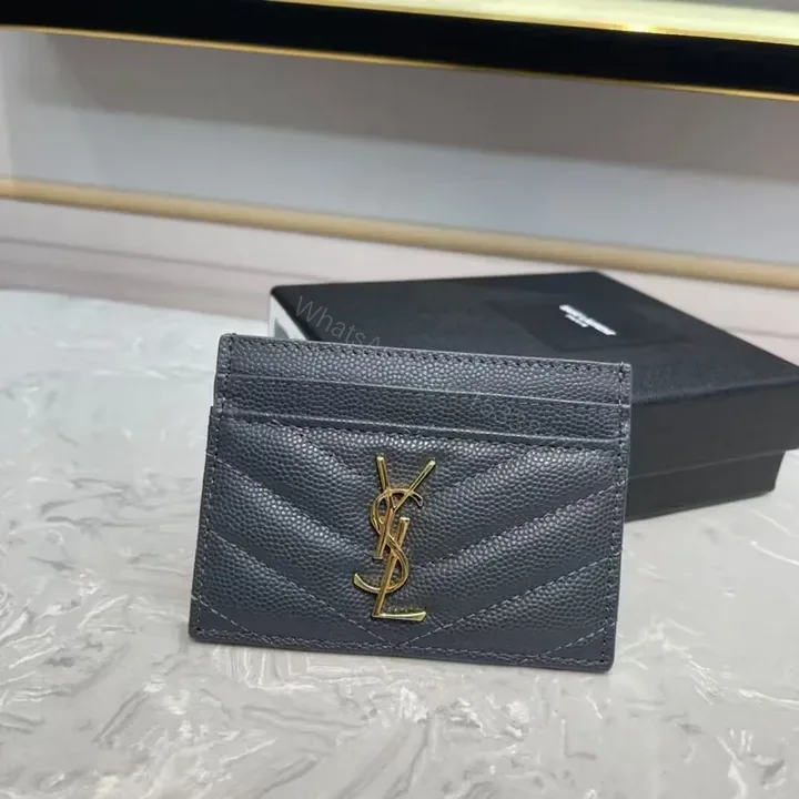 View 1 of Chic Leather Chevron Cardholder with Gold YSL Logo