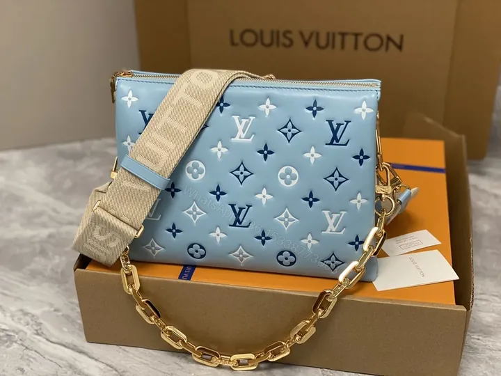 View 1 of Powder-Blue LV Monogram Crossbody: Patent, All-Day Versatility