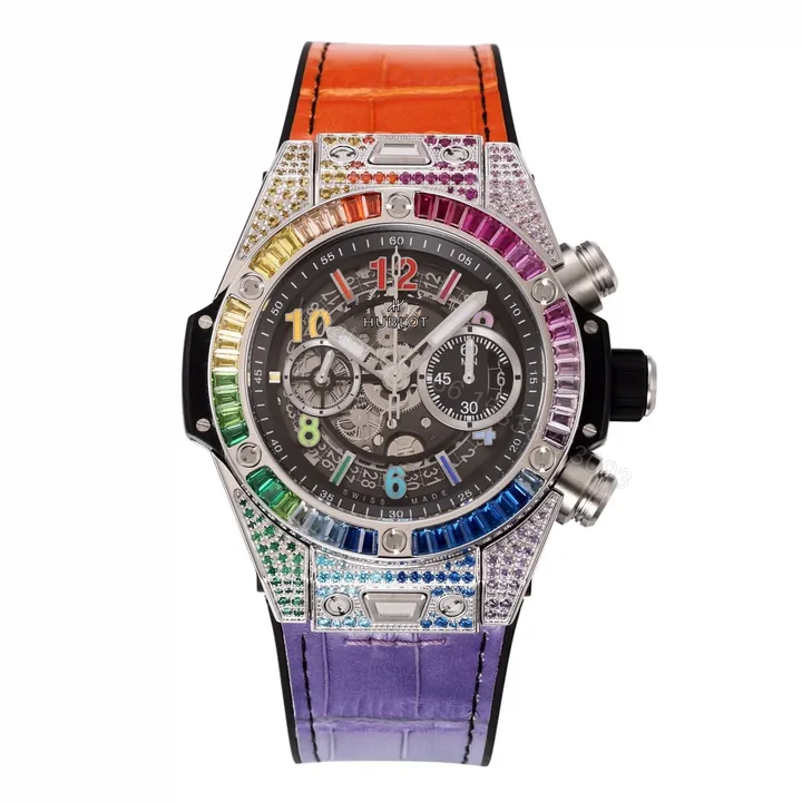 View 1 of Hublot Big Bang Rainbow Replica 45MM Premium Gem Bezel Orange Purple Leather Strap Edition RG-HUBLOT-RAINBOW-45