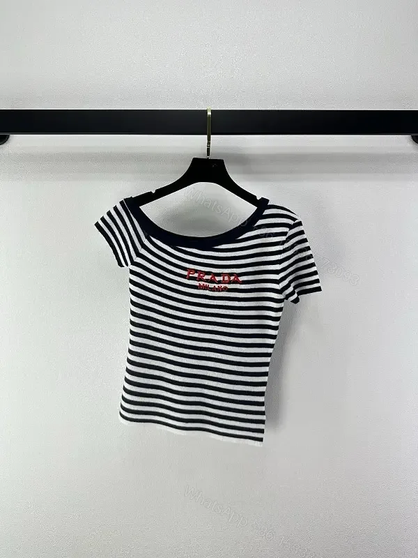 View 1 of Navy Stripe Cropped Tee with Embroidered Prada Milano Text