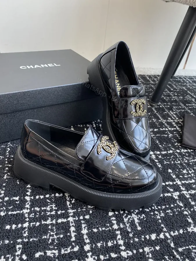 View 1 of Quilted Velvet Loafers: Gold Logo, Black Patent, Luxe Style