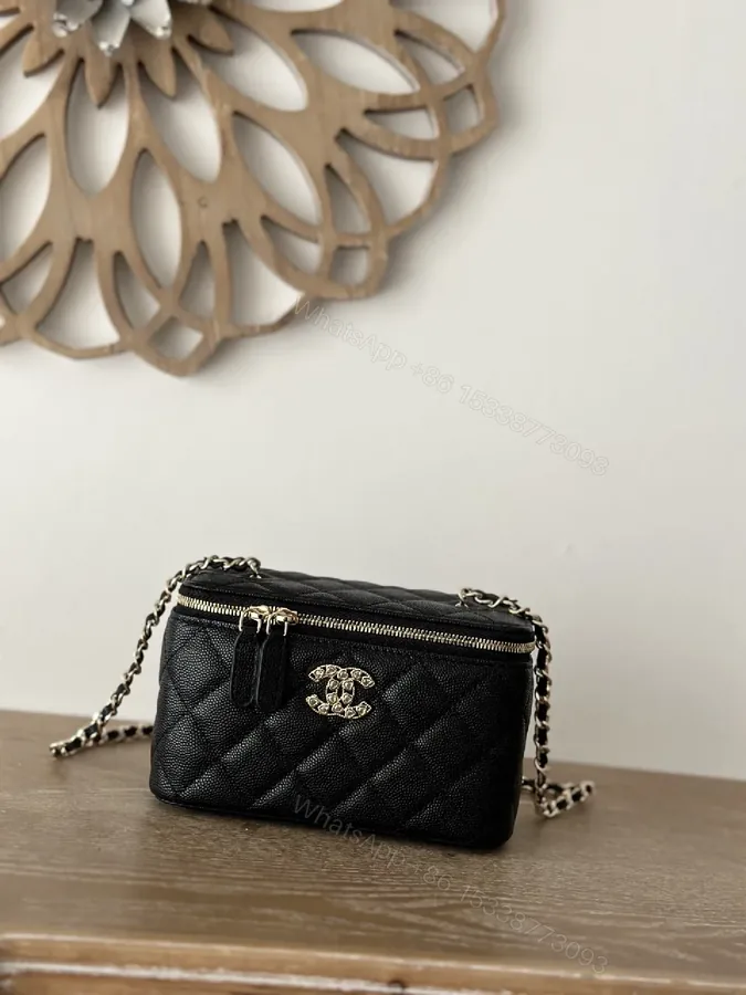 View 1 of Quilted Black Cardholder Bag with Chain – Luxe Compact