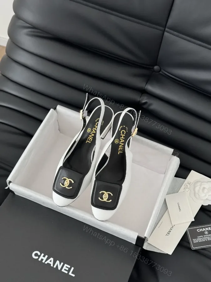 View 1 of Black & White Leather Slingback Pumps, Gold Accent, Square-Toe, Comfort Mid-Heel