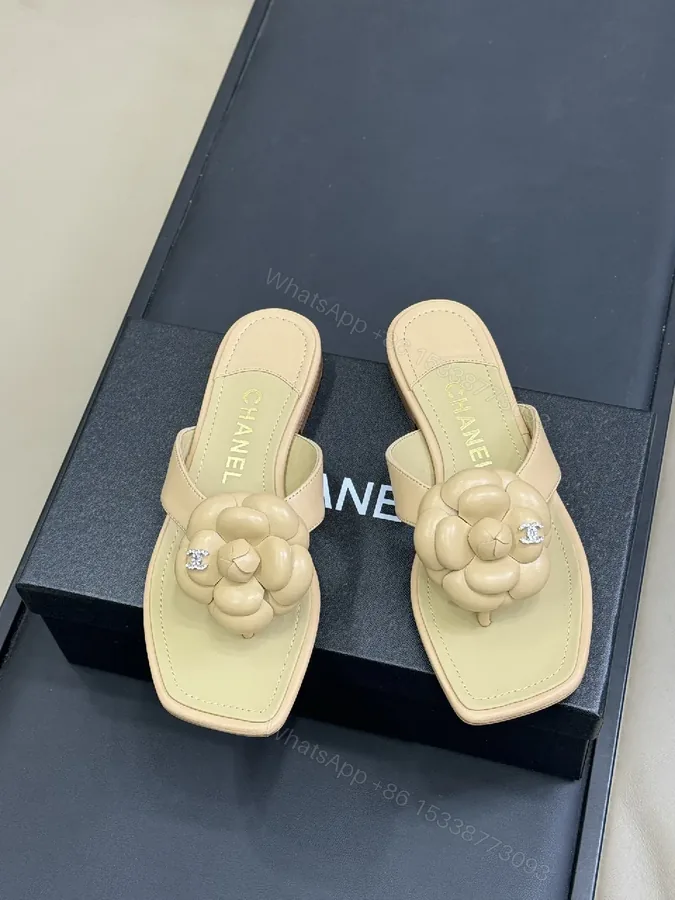 View 1 of Beige Leather Slide + Flower Embellishment + Luxe-Casual + All-Day Comfort + Slide