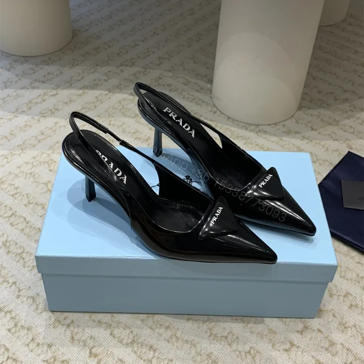View 1 of 高仿Prada*1I901M露跟印花徽標高跟鞋7.5CM黑色免檢版