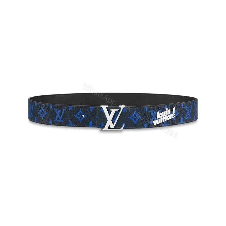 View 1 of LOUIS VUITTON INITIALES EVERYDAY LV 40MM REVERSIBLE BELT BLUE MONOGRAM BLACK CALF LEATHER – B79
