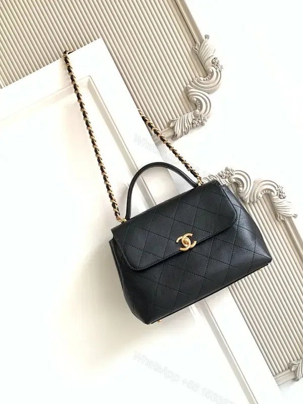 View 1 of Compact Quilted Black Leather Flap Bag with Chain Strap