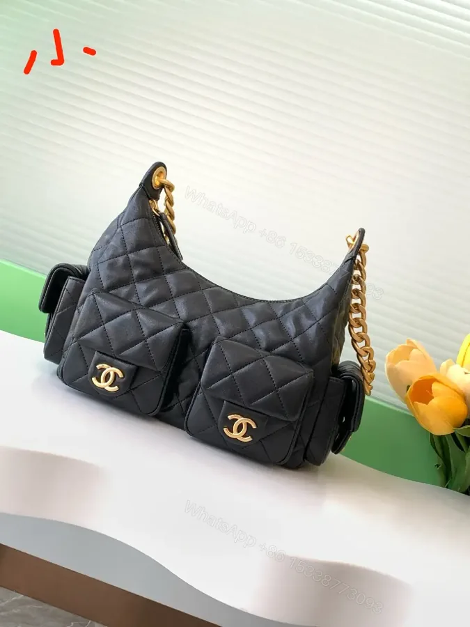 View 1 of Quilted Leather Shoulder Bag with Gold Hardware