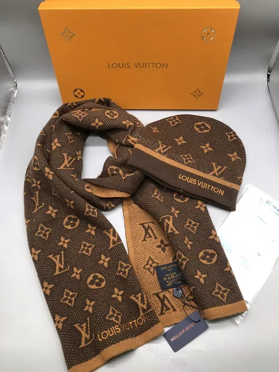 View 1 of Louis Vuitton Monogram Wool-Blend Scarf & Beanie Set, Luxury Warmth