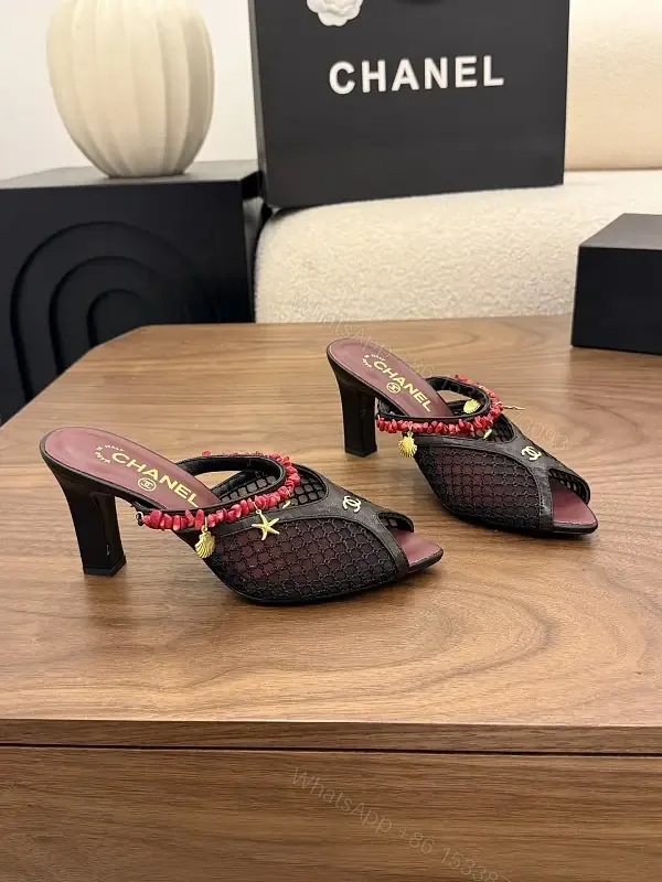 View 1 of Red Velvet Mesh Satin Heels Classic Chanel - Pearl Bead Strap Sandals