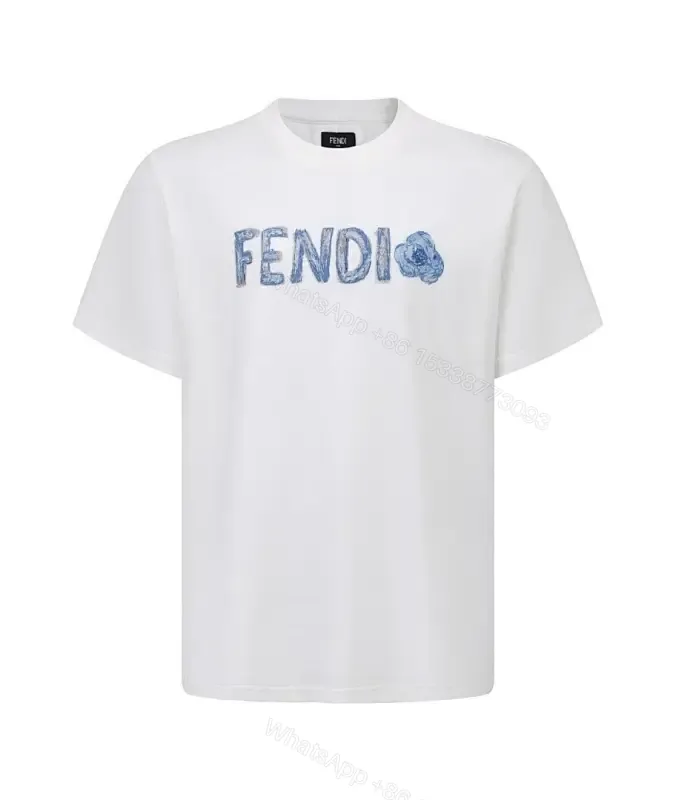 View 1 of White Cotton Tee, Blue Logo, Casual Luxe, Durable Print, T-Shirt