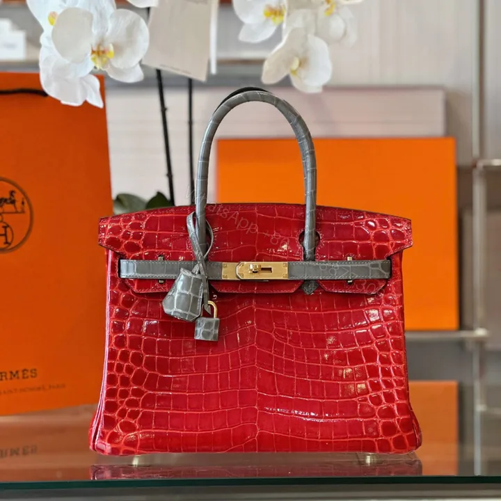 View 1 of Hermes Birkin 30 Red/Liam Blue Genuine Crocodile Leather Gold Hardware. – Custom Made