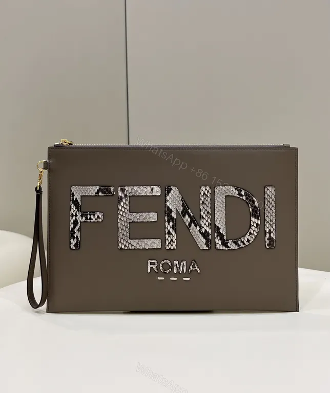 View 1 of Taupe Fendi Roma Snakeskin Clutch â€“ Sleek, Structured luxury