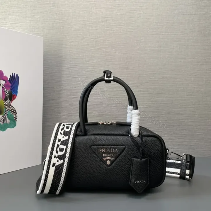 View 1 of Prada Black Mini Top-Handle Bag with Striped Strap