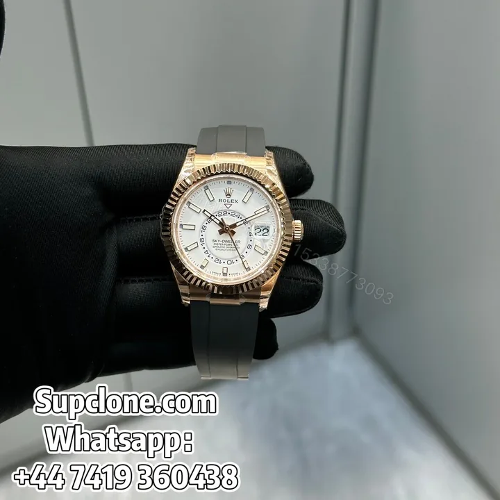 View 1 of Rolex Sky-Dweller 42mm Super Clone 1:1 – Rose Gold White Dial Oysterflex Strap