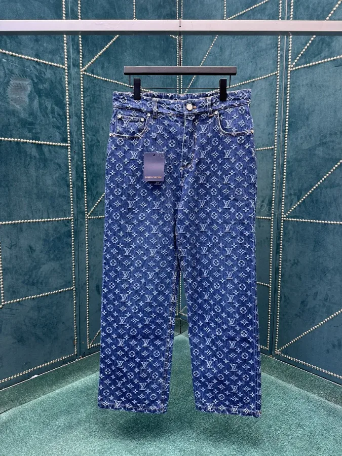View 1 of Denim Monogram Wide-Leg Jeans — Signature Pattern, Luxe Casual
