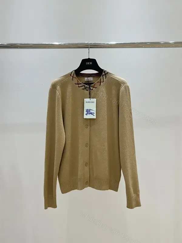 View 1 of Warm Camel Merino Knit Cardigan with Luxe Interior Check