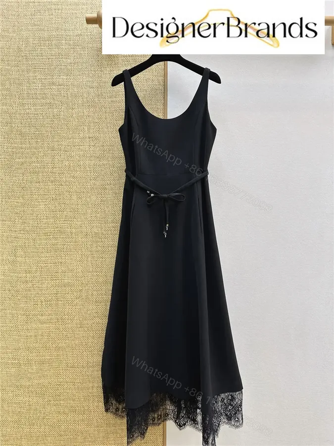 View 1 of Dior Black Mid-Length Lace-Paneled Belted Dress