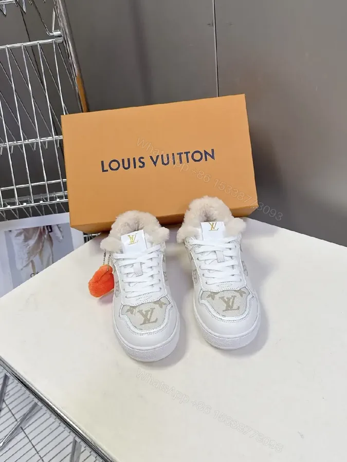 View 1 of White Leather Fur-Trim High-Top Sneakers + Plush Detail