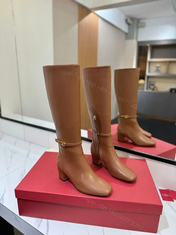 View 1 of Valentino Women Tan Leather Mid-Calf Boots