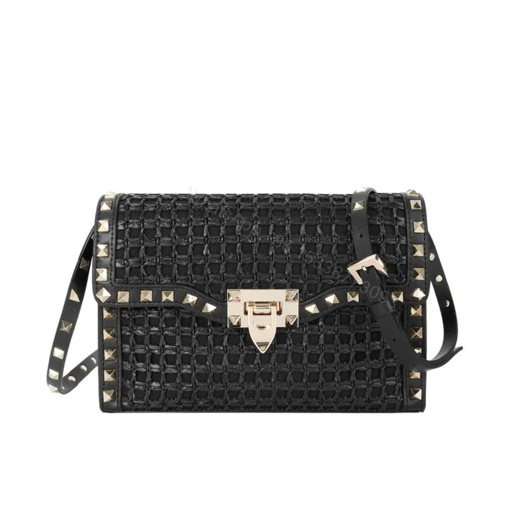 View 1 of VALENTINO GARAVANI ROCKSTUD SMALL RAFFIA SHOULDER BAG BLACK 22CM