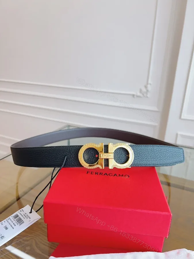 View 1 of Black Leather Belt with Gold Gancini Clasp, Luxe Classic Style, Adjustable