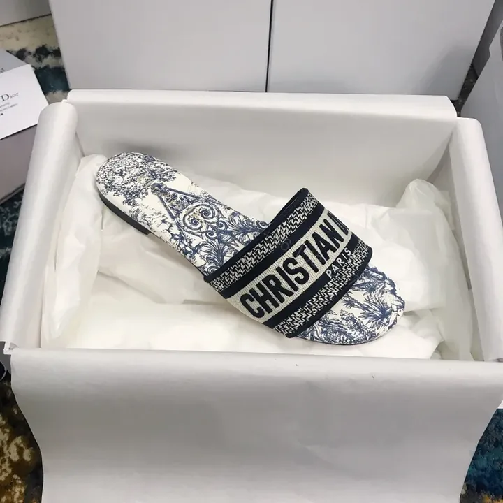 View 1 of Blue-White Patterned Dior Paris Slides - Luxury Everyday Wear