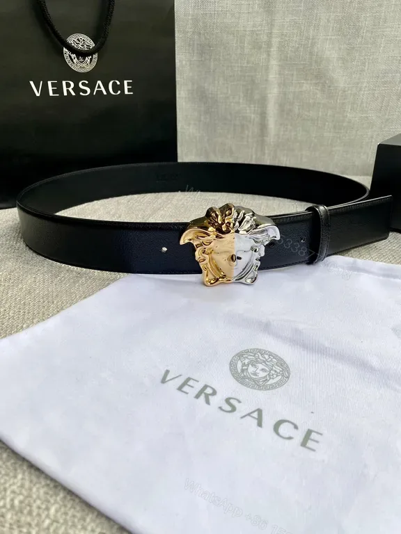 View 1 of Polished Dual-Tone Medusa Belt â€” Luxe Calfskin, Versace Luxury Belt