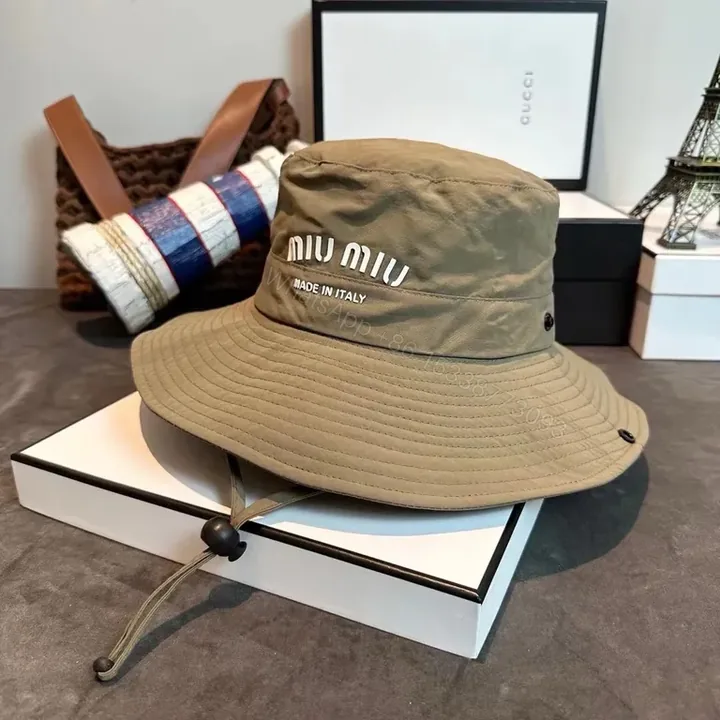 View 1 of Khaki Miu Miu-Style Bucket Hat with Precision Stitching