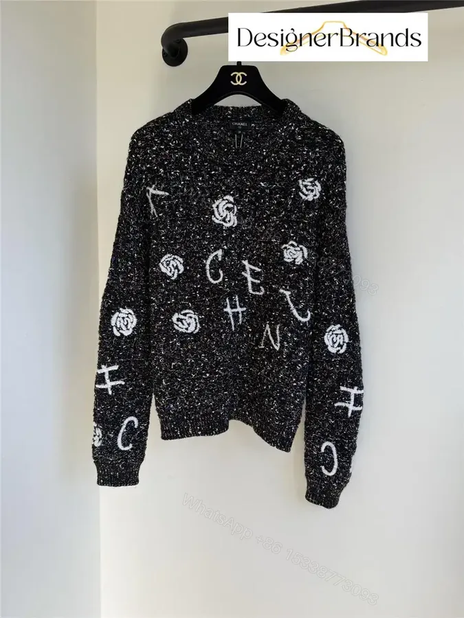 View 1 of Bouclé Knit Cardigan - Graphic Logo Motifs, Black/White, Chic