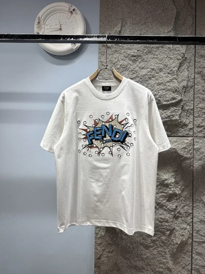 View 1 of White Cotton Tee — Pop Art Fendi Emblem, Graphic Statement Tee
