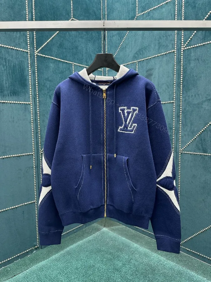View 1 of Navy Velour Zip Hoodie - Luxury LV-Inspired Detail
