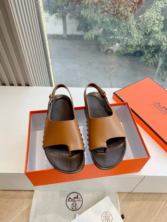 View 1 of Hermes Women Brown Leather Slingback Sandals