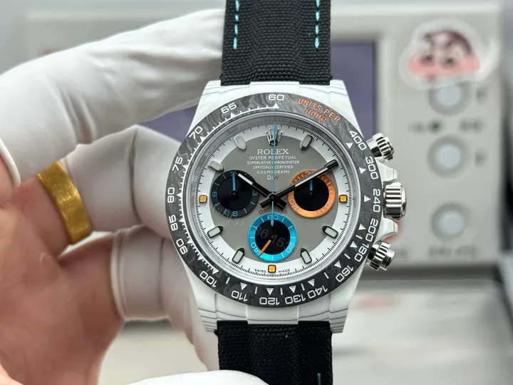 View 1 of Rolex Daytona Grey Carbon Fiber Replica 40MM Premium Black Fabric Strap RG-DAYTONA-GREY-CF-40