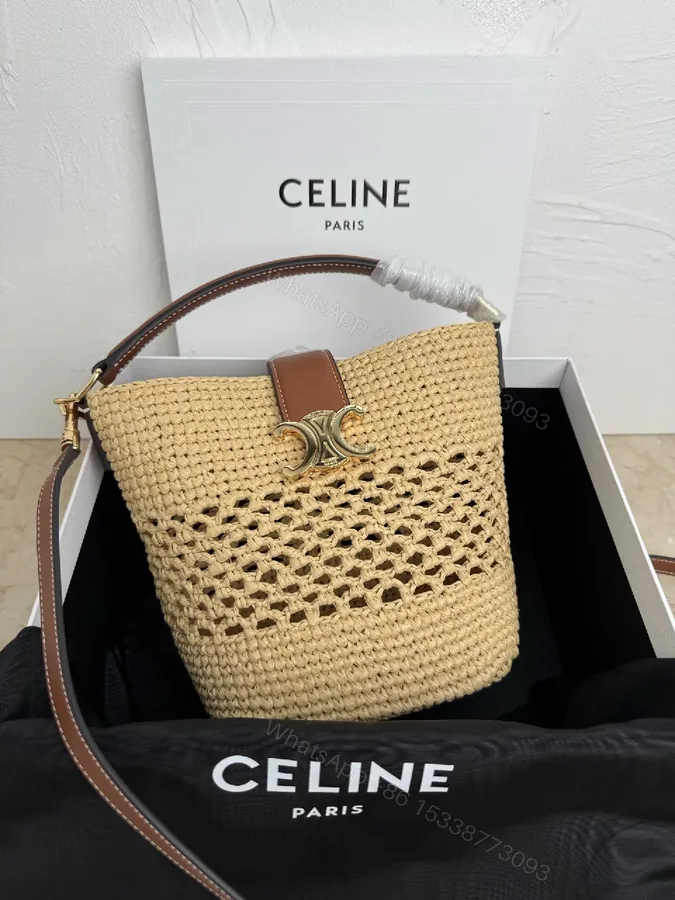 View 1 of Natural Straw Woven Bag, Signature Celine Finish, Lightweight Crossbody