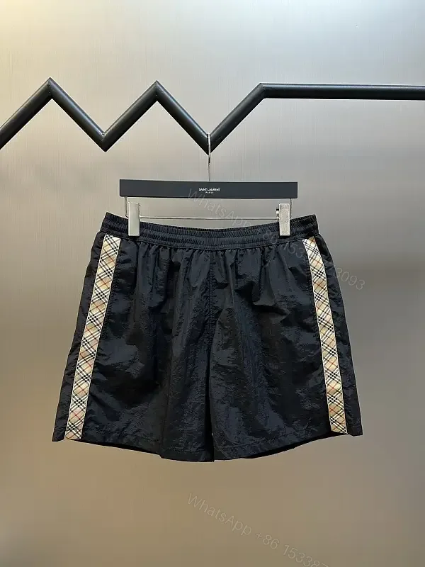 View 1 of Black Nylon Shorts Burberry Plaid Side Stripes Casual Elastic Waist Shorts