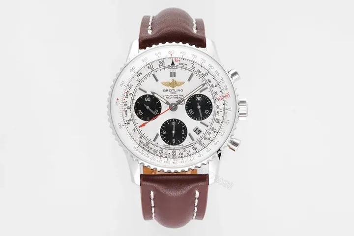 View 1 of V7 Factory Breitling Navitimer B01 Chronograph Panda Dial Watch – Stainless Steel Case, Brown Leather Strap, 43mm