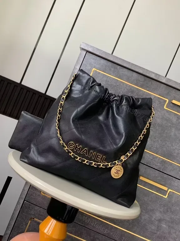 View 1 of Chanel-Inspired Black Leather Shoulder Bag with Gold Chain