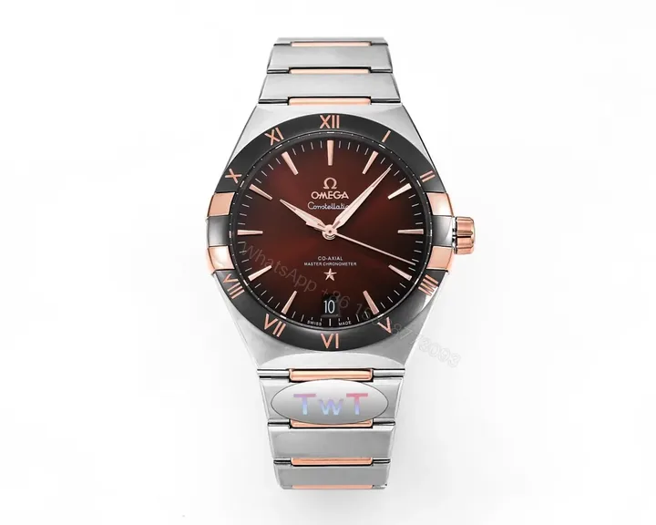 View 1 of Omega Constellation Star Series 5th Generation Ceramic Bezel Watch 41mm Burgundy Dial Stainless Steel and Rose Gold Bracelet