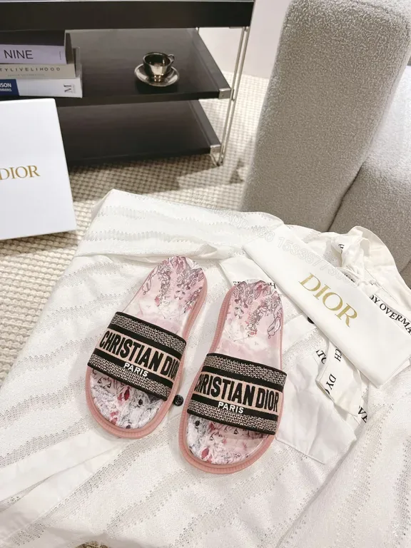 View 1 of Graphic Floral Dior-Inspired Slides, All-Day Comfort