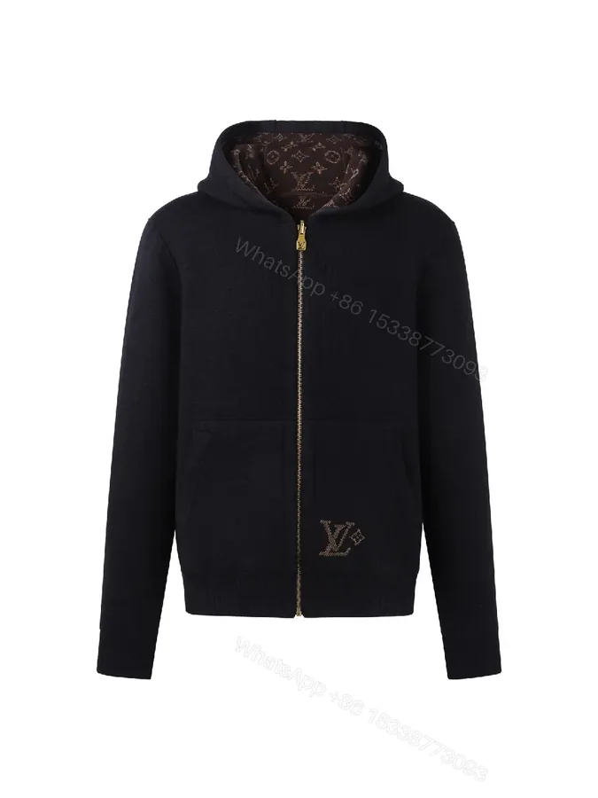 View 1 of Cozy Black Knit Zip Hoodie with Luxe Details
