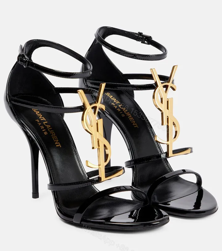 View 1 of FIRST COPY Ysl Casandra Black Golden Sandal Heel
